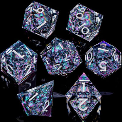 DND Skull Dice Set 7PCS Necromancer Polyhedral Dice for Dungeons Dragons RPG Role Playing Game, Resin Sharp Edged D and D Dice with Gift Box D6 D8 D10 D12 D20 (Green Purple) - color: Purple Green&silver