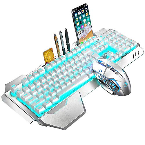 Wireless Keyboard and Mouse, Blue LED Backlit Rechargeable Keyboard with 3800mAh Battery, Metal Panel, Removable Hand Rest Mechanical Feel, 7 Color Gaming Mute Mouse for PC Gamers - color: White Blue
