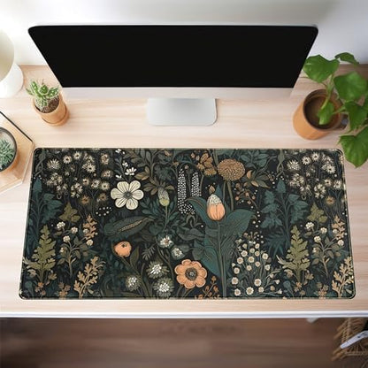 Dark Flower Desk Mat Floral Plants Mouse Pad, Aesthetic Wildflowers Large Gaming Mousepad Desk Pad, XXL Keyboard Mouse Mat Full Desktop Mat Women Office Desk Accessories Cover Mat 31.5"x15.75" - color: Dark Black Brown Flowers