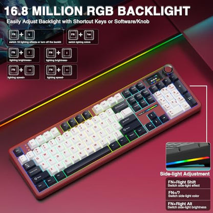 AULA F108 PRO - Wireless Mechanical Keyboard with Screen&Knob,Hot Swappable Gaming Keyboard with 8000mAh Battery,Pre-lubed Switches,RGB Backlit,PBT Keycaps Creamy Sounding Computer Keyboards,104 Keys - color: White&Red