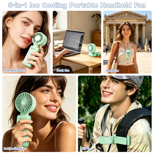 Handheld Portable Turbo Fan with Ice Cooling,5 Speed Rechargeable LED Display Foldable Hand Held Personal Clip/Neck/Waist Fan,180°& 360° Adjustable,Pocket Mini Fan for Outdoor/Home/Office (Green) - color: Green
