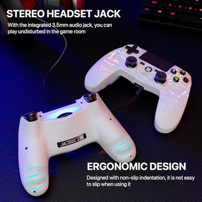 ISHAKO Controller for PS4, Light-up Game Controller for Sony PlayStation 4/Pro/Slim/PC Windows, Control with RGB Light,1000mah Battery, Double Vibration, 6-Axis Motion Control, 3.5mm Audio Jack - White - color: White