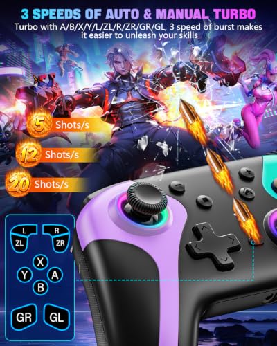 GaloDrmy Wireless Switch Controllers for Nintendo Switch/OLED/Lite/Switch 2 | 1000mAh Rechargeable Switch Pro Controller with 10 Color Light/Hall Effect Joystick/Wake Up/Turbo/Motion Control,Purple&Green - color: Purple & Green