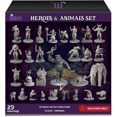 Wildspire Heroes, NPC Animal Companions & Troll King for DND Miniatures Bulk 28mm-32mm Unpainted Paintable Dungeons and Dragons Minis Pathfinder Figures for Fantasy Tabletop Roleplaying Games like D&D