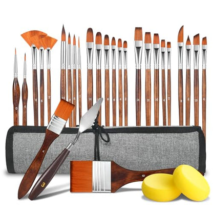 GETHPEN 29pcs Paint Brush Set, Acrylic Paint Brushes, Oil, Watercolor | Paint Brush 9 Shapes with Wide Flat, Filbert, Fan, Dagger, Cat Tongue, Round, Angle, Rigger with Palette Knife & Canvas Roll - style: Assorted Shapes
