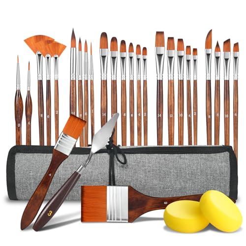 GETHPEN 29pcs Paint Brush Set, Acrylic Paint Brushes, Oil, Watercolor | Paint Brush 9 Shapes with Wide Flat, Filbert, Fan, Dagger, Cat Tongue, Round, Angle, Rigger with Palette Knife & Canvas Roll - style: Assorted Shapes