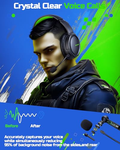 BINNUNE Wireless Gaming Headset — 2.4GHz Low-Latency USB Dongle + Bluetooth, 50mm Drivers 7.1 Surround, Noise-Cancelling Mic, 40H Battery — Over Ear Wireless Headphones for PS5, PC, Laptop, Green - color: Green, style: For PS5