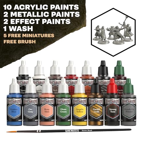 The Army Painter, GameMaster Adventure Starter Set, 15 x 18 ml | Acrilici Warpaints Fanatic, incl. 1 primer a pennello, 5 miniature gratuite e 1 pennello, per Warhammer - color: Adventure Starter Paint Set