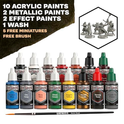 The Army Painter, GameMaster Adventure Starter Set, 15 x 18 ml | Acrilici Warpaints Fanatic, incl. 1 primer a pennello, 5 miniature gratuite e 1 pennello, per Warhammer - color: Adventure Starter Paint Set