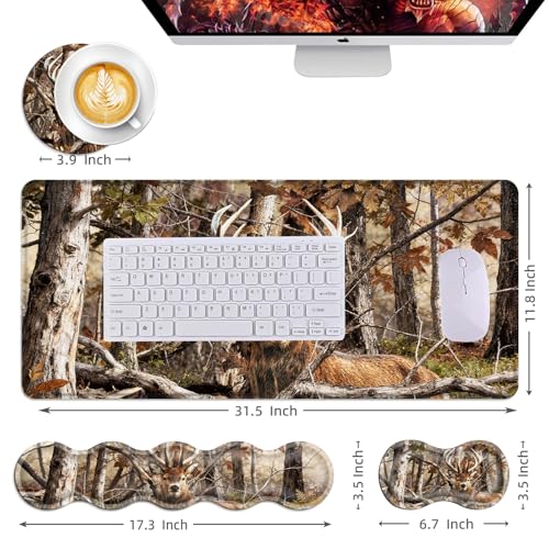 Mouse Pad,Large Desk Mat Set, 4in1 XL Mousepad + Keyboard Wrist Rest+Mouse Wrist Rest+Coaster with Ergonomic Desk Pad for Home Office Table Computer Cover -Camo Forest Deer - color: Camo Forest Deer