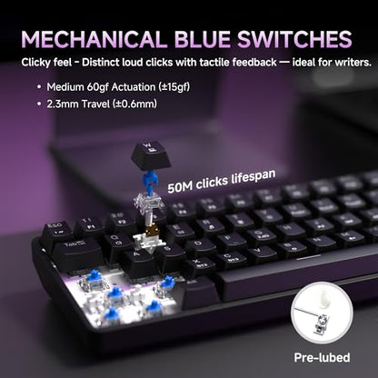 DIERYA DK68 60% Wireless Mechanical Gaming Keyboard, 3-Mode, Bluetooth 5.0/2.4G/USB-C, RGB Backlit, 68-Key Compact Mini for Windows, Mac, Linux - Clicky Blue Switch - Black - color: Black/Blue Switch, size: Wireless