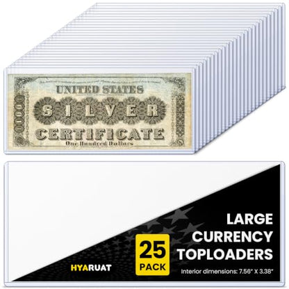25 Pack Large Currency Toploader, 7 x 3 Money Sleeves Holders | 7.56 x 3.38 In 39PT Rigid PVC Dollar Bill Holders For Large Bills, Paper Currency Notes & Collectible Banknotes, Blue Tint
