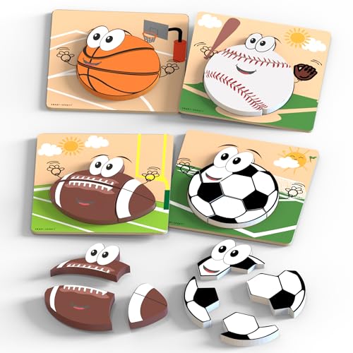 Wooden Sports Puzzles for Toddlers 2-4 | Wood Puzzles for Kids, Toddler Sports Toys for Toddlers, Basketball Toy, Football Toys, Baseball Toy, Soccer Toddler 2 3 Year Old Boy