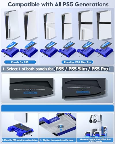 PS5/Slim/Pro Stand and Cooling Station with LED Controller Charging Station for PlayStation 5 Console, Controller Charger, Cooling Stand, PS5/Slim/Pro Skin Accessories Kit with 3 Level Cooler Fan - color: Blue