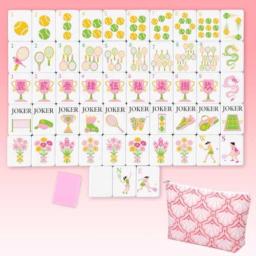 Cuffbow Tennis Themed Engraved American Mahjong Tile Set 160 Quality White Tiles (1.2 Inch, Tiles Only) Mini American Mahjong Game Set for Ideal Gifts, No Additional Accessories(Tennis, Pink) - color: Pink, style: Tennis