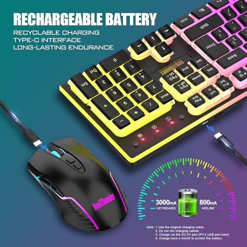 RedThunder K10 Wireless Gaming Keyboard and Mouse Combo, RGB Backlit Rechargeable 3800mAh Battery, Mechanical Feel Anti-ghosting Keyboard with Pudding Keycaps + 7D 3200DPI Mice for PC Gamer (Black) - color: Black Pudding