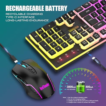 RedThunder K10 Wireless Gaming Keyboard and Mouse Combo, RGB Backlit Rechargeable 3800mAh Battery, Mechanical Feel Anti-ghosting Keyboard with Pudding Keycaps + 7D 3200DPI Mice for PC Gamer (Black) - color: Black Pudding