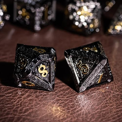 7-Piece Metal Dice Set - Mayan-Themed Zinc Alloy DND Dice for Tabletop Gaming, Gift, and Collecting - color: Mayan-themed-black Gold