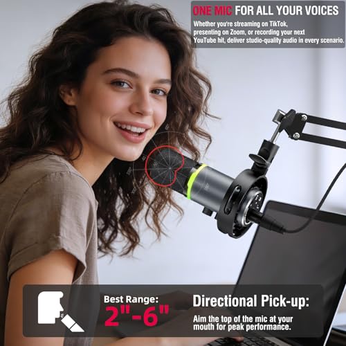 Gaming Microphone Kit for Streaming & Podcast, Dynamic RGB PC Mic with USB/XLR Cable, Boom Arm Stand, Mute Button, Headphone Jack, Ideal for Vocals, Voice-Over & Zoom Calls/Teams Meetings. - color: Gray