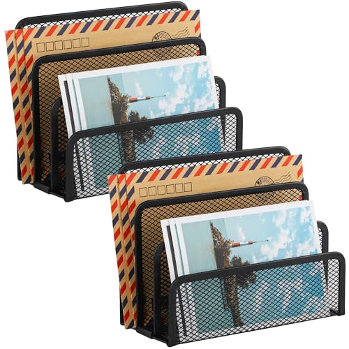 EASEPRES Desk Mail Organizer, Office Small Desktop Metal Mesh Envelope Letter Sorter Paper File Holder Organizer with 3 Vertical Upright Compartments, Black 2 Pack - color: Black, size: 2 Pack