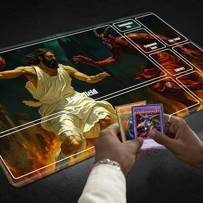 MTG Playmat with Zones, TCG Card Game Play Mat with Stitched Edges, Non-Slip Rubber Base Gaming Desk Mat, Smooth Surface 24 x 14 Inch, Jesus Play Basketball with The Devil - color: Jesus Play Basketball With the Devil, size: Zone 1