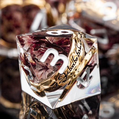 Magic Golden Ring DND Dice Set Sharp Edge Resin Dice with Case, Pink Flower Lord D and D Dice for use with D&D RPG Role Playing Games, Polyhedral Dice Set D20 D12 D10 D8 D6 - color: Ring-flower-1
