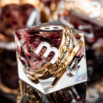 Magic Golden Ring DND Dice Set Sharp Edge Resin Dice with Case, Pink Flower Lord D and D Dice for use with D&D RPG Role Playing Games, Polyhedral Dice Set D20 D12 D10 D8 D6 - color: Ring-flower-1