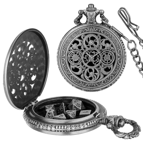 GEAoffice DND Dice Set with Vintage Clockwork Pocket Watch Case, Solid Metal Tiny Dice for Tabletop Role Playing Games, Fantasy RPG Gaming & Math Games, Unique DND Gift for Men/Women - color: Antique Silver Clockwork