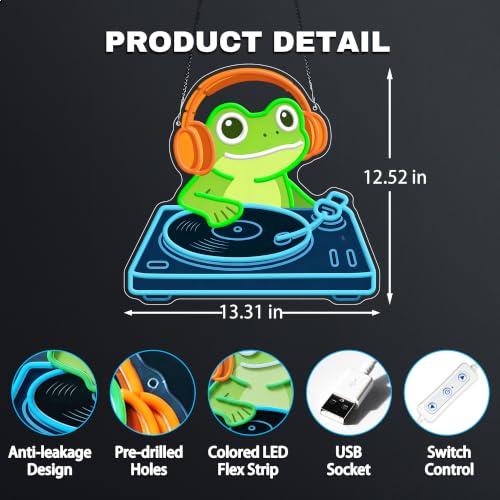 Frog DJ Neon Sign, Music Neon Signs for Wall Decor, Cute LED Light Up Sign for Bedroom, Game Room, Man Cave, Bar, Studio and Party Decor, USB Powered Dimmable Funny Wall Art Gift for DJ Music Lovers - style: DJ Frog