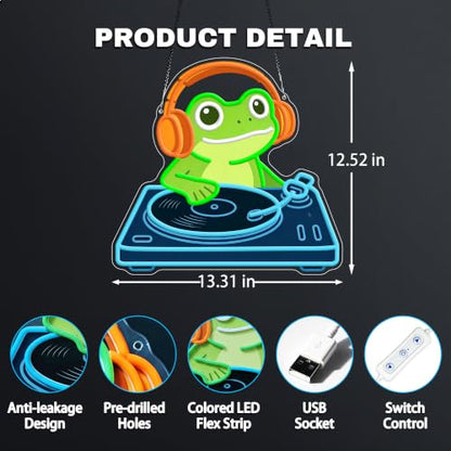 Frog DJ Neon Sign, Music Neon Signs for Wall Decor, Cute LED Light Up Sign for Bedroom, Game Room, Man Cave, Bar, Studio and Party Decor, USB Powered Dimmable Funny Wall Art Gift for DJ Music Lovers - style: DJ Frog