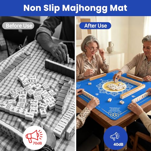 Mahjong Mat with Rules, 32.2 Inch Square Mahjong Mats for Table, Noise Reduction Mah Jong Mat, Rubber Anti-Slip Base for Board Games, Tiles Game & Dominoes Blue Flowers - color: Blue Flowers