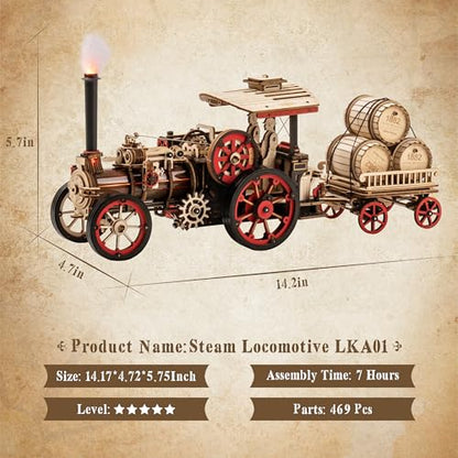 rowood 3D Wooden Puzzles for Adults, Steam Engine Car Model Kit, 1:28 Scale Mechanical Steam Locomotive Wooden Puzzle, 469PCS,Assembly Time 6H, Awesome Gifts for Adults