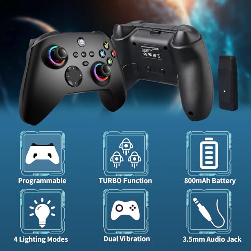 vaomon Wireless Controller Compatible With Xbox One, Xbox Series X/S, Xbox One X/S, PC, With RGB LED Light, Mappable Buttons, 3.5mm Headphone Jack, With 2.4GHZ Wireless Adapter Gamepad Dark Black