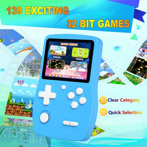 32 Bit Handheld Games for Kids Preloaded 139 Retro Video Games, Blue | Portable Video Gaming Player with 3.0" IPS Screen Rechargeable Battery,Mini Travel Games Electronic Gifts Toys for Boys Girls - color: Blue