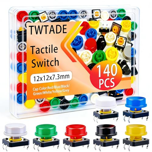 TWTADE/140PCS Tactile Push Button Switch 4 Pin Momentary Tact Switches 12x12x7.3mm with 7 Color Switch Caps (70Sets) - color: 7 Colors-4 Pin 12x12x7.3mm