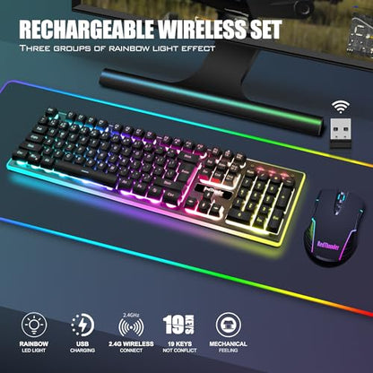 RedThunder K10 Wireless Gaming Keyboard and Mouse Combo, LED Backlit Rechargeable 3800mAh Battery, Mechanical Feel Anti-ghosting Keyboard + 7D 3200DPI Mice for PC Gamer (Black) - color: Black