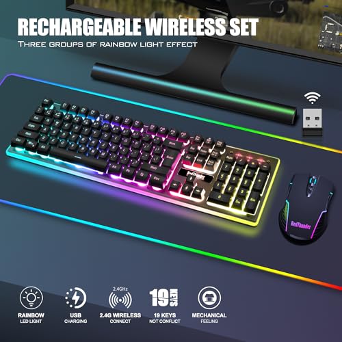 RedThunder K10 Wireless Gaming Keyboard and Mouse Combo, LED Backlit Rechargeable 3800mAh Battery, Mechanical Feel Anti-ghosting Keyboard + 7D 3200DPI Mice for PC Gamer (Black) - color: Black