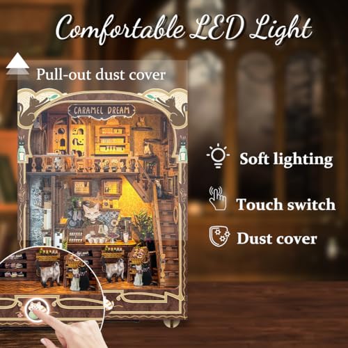 Book nooks DIY Dollhouse Kit for Adults 3D Stereo Assembly Night Light Sensing Wooden Bookend Jigsaw Building Model Gifts for Family,Friends (Caramel Dreams)