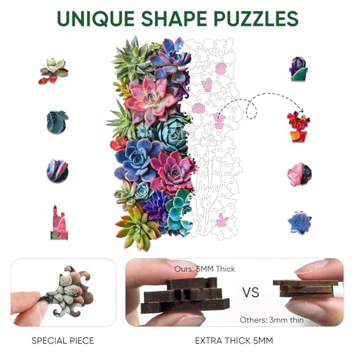 Delobil Rectangular Succulent Wooden Puzzles, 200 Pieces Jigsaw Puzzles 12.6'' x8'', Unique Design Wooden Puzzles for Adults and Kids, Family Game Gift - color: Rectangular Succulent, size: 200Pcs