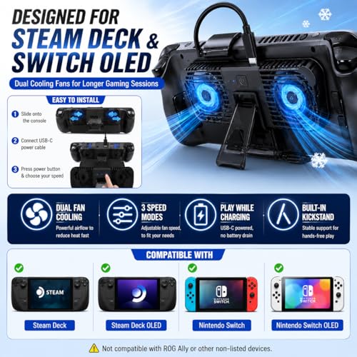 Steam Deck Cooling Fan with Stand, Dual Fan Cooler for Steam Deck, Adjustable Speed USB-Powered Cooler with Blue LED, Portable Cooling Stand for Handheld Gaming