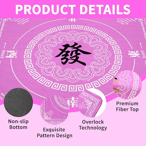 Mahjong Mat with Black Carrying Bag, 31.5"x31.5" Anti-Slip Noise Reduction Gaming Mat for Mahjong, Poker, Board Games, 3 Dice & Black Storage Bag - color: Bright Pink