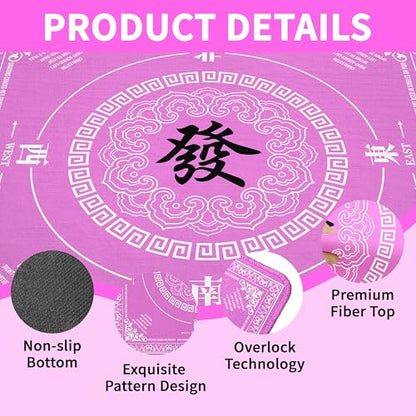Mahjong Mat with Black Carrying Bag, 31.5"x31.5" Anti-Slip Noise Reduction Gaming Mat for Mahjong, Poker, Board Games, 3 Dice & Black Storage Bag - color: Bright Pink
