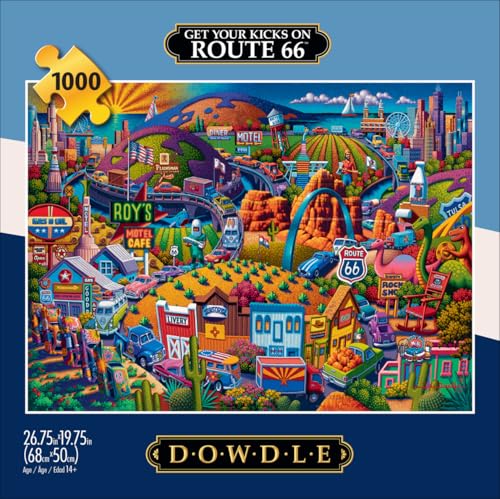 Buffalo Games - Eric Dowdle Get Your Kicks on Route 66-1000 Piece Puzzle | Made in USA, Recycled Board, Finished Size 26.75 x 19.75 in, Includes Poster, Giftable, Frameable Art