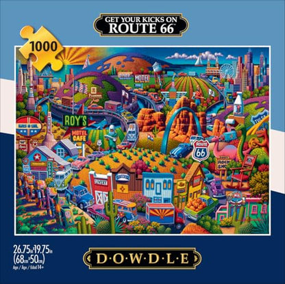 Buffalo Games - Eric Dowdle Get Your Kicks on Route 66-1000 Piece Puzzle | Made in USA, Recycled Board, Finished Size 26.75 x 19.75 in, Includes Poster, Giftable, Frameable Art