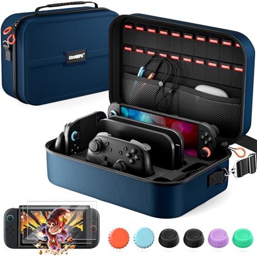 COOWPS Switch 2 Case Bundle for Nintendo Switch 2, with 2-Pack Screen Protector, 6Pcs Thumb Grips, 20 Game Card Slots, Portable Travel Full Protection All In One Storage Case for Switch 2 Accessories - color: Navy Blue