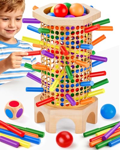 Easy-Setup Wooden Stick Montessori Tower Game for Kids 3-8 | Flexible 544-Hole Layout, Shaped No-Slip Slots, 42 Color Rods, 12 Balls, Storage Bag Included, Family Night, Ideal Gift