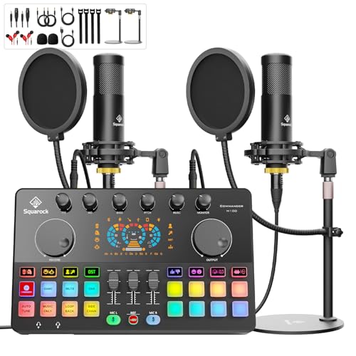 Podcast Equipment Bundle for 2 with Dual XLR-3.5 Condenser Micophones with Mic Pop Filters Audio Equipment for Live Streaming/ Recording, Online Gaming for Phone/ Laptop/ PC Audio Interface M100 - style: M100-2C (2 mics)