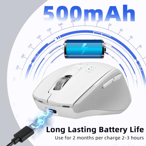Wireless Bluetooth Mouse with USB-A, USB-C Receiver, Rechargeable, 3-Device, Full-Size, Silent Click, Ergonomic Mice for MacBook/Laptop/Computer/Tablet/PC/iPad (White) - color: White