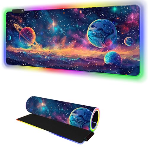 RGB Mousepad Led Mouse Pad Desk Mat I 31.5 x 11.8 Inch Large Mouse Pad I XL Oversized Big Mouse mat 14 Led Light Modes I Anti-Slip Rubber Base Waterproof Keyboard Pad for PC Gaming I Colorful Planet - color: Colorful Planet