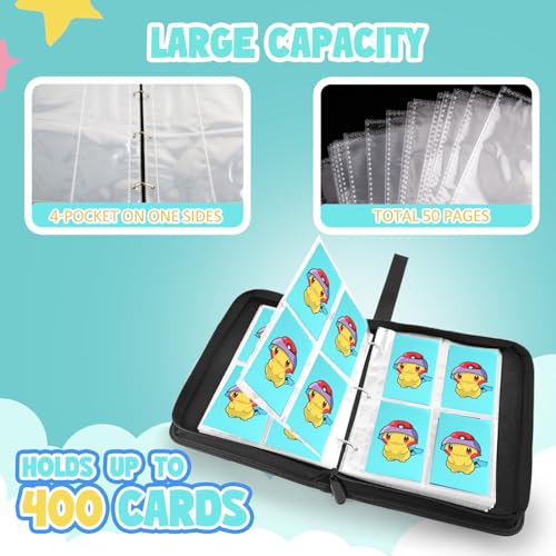 Premium Collectible Trading Card Albums，Card Binder Fits 400 Cards with 50 Removable Sleeves，Display Game Card Case book Holder, Green Themes - color: Grass Cartoon